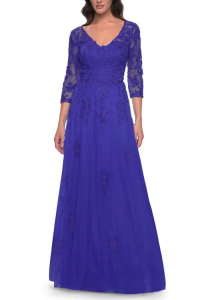 La Femme Tulle And Lace A-line Dress With V Neckline In Royal Blue