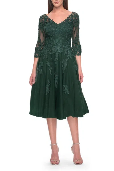 La Femme Tulle And Lace Knee Length Evening Dress In Emerald