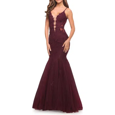 La Femme Tulle And Lace Mermaid Gown In Burgundy