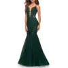 La Femme Tulle And Lace Mermaid Gown In Dark Emerald