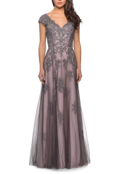 La Femme Tulle Evening Gown With Embroidery And Cap Sleeves In Pink/gray