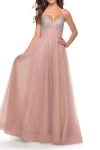 La Femme Tulle Gown With Full Skirt And Rhinestone Bodice In Dusty Mauve