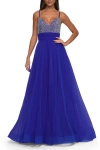 La Femme Tulle Gown With Full Skirt And Rhinestone Bodice In Royal Blue