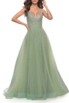 La Femme Tulle Gown With Full Skirt And Rhinestone Bodice In Sage