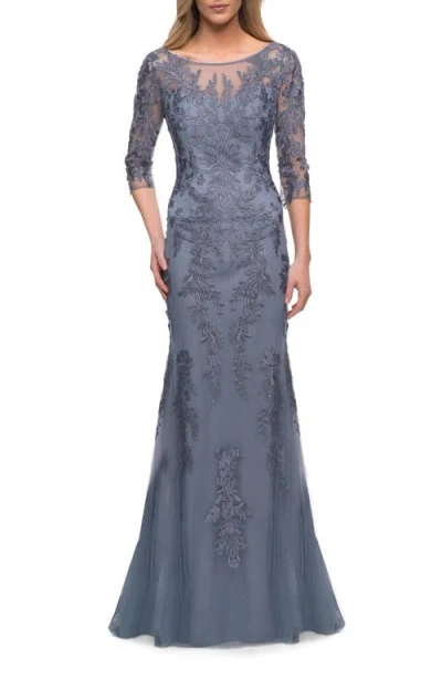 La Femme Tulle Gown With Lace Applique And Illusion Top In Slate