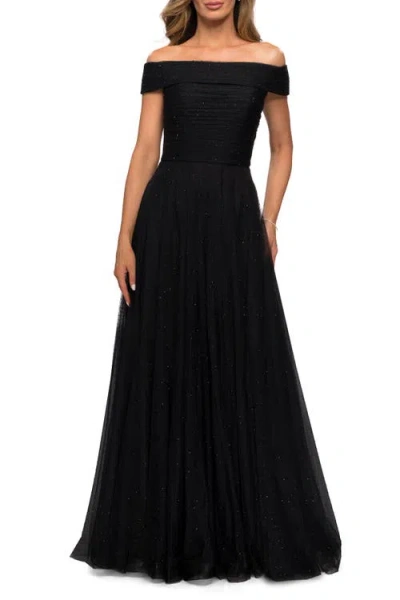 La Femme Tulle Off The Shoulder A-line Dress With Rhinestones In Black