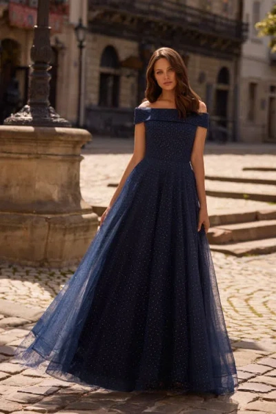 La Femme Tulle Off The Shoulder A-line Dress With Rhinestones In Navy