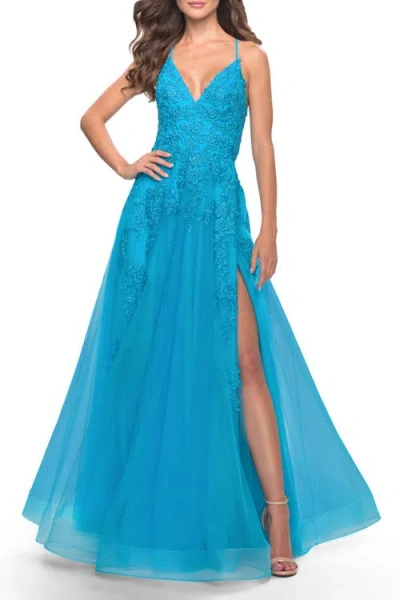 La Femme Tulle Prom Dress With Floral Detail And Side Slit In Aqua