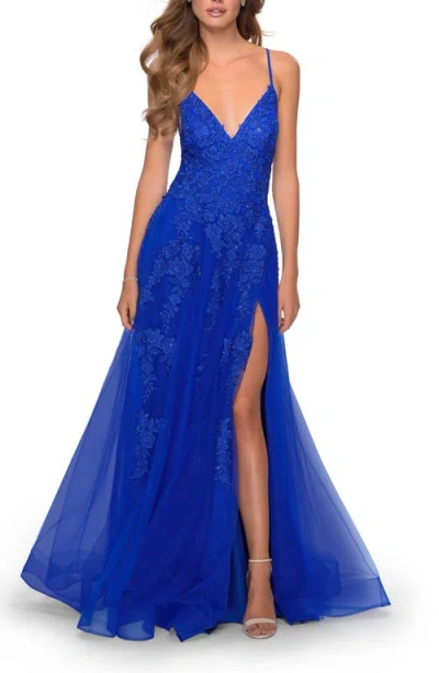 La Femme Tulle Prom Dress With Floral Detail And Side Slit In Blue