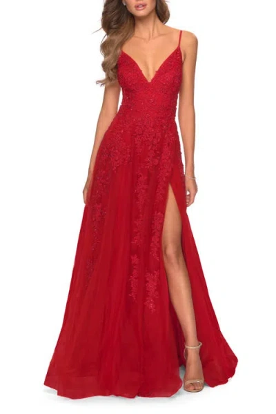 La Femme Tulle Prom Dress With Floral Detail And Side Slit In Red