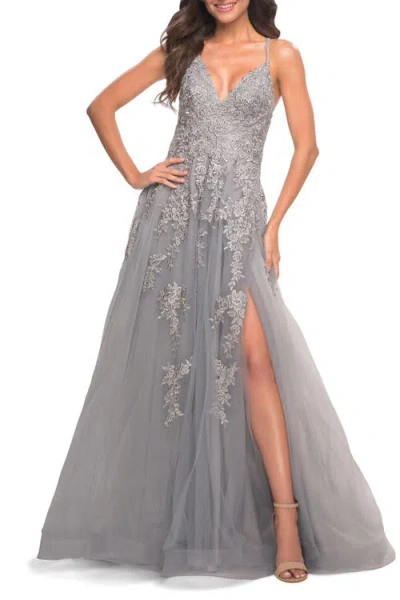 La Femme Tulle Prom Dress With Lace Detail