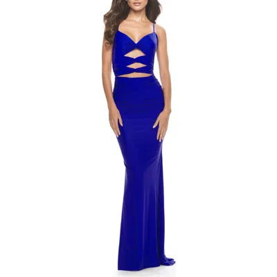 La Femme Twist Front Cut Out Jersey Prom Dress In Royal Blue
