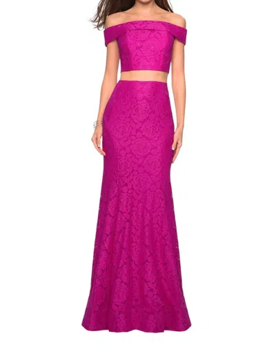 La Femme Two Piece Lace Prom Dress In Hot Pink