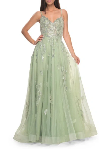 La Femme Two Tone Tulle A-line Prom Dress With Floral Beaded Detail In Green