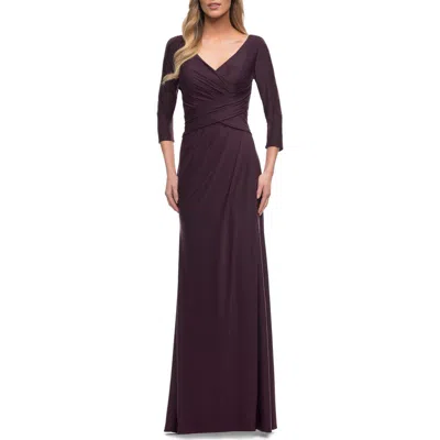 La Femme Ultra Soft Jersey Long Dress With Three-quarter Sleeves In Dark Garnet