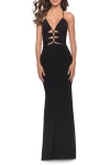 La Femme Unique Cut Out Net Jersey Prom Dress In Black