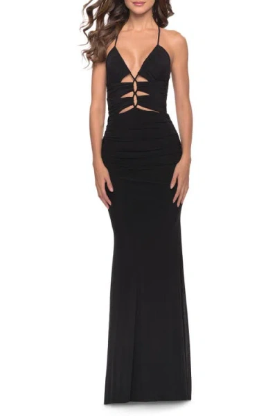 La Femme Unique Cut Out Net Jersey Prom Dress In Black