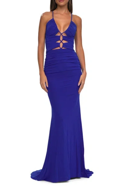 La Femme Unique Cut Out Net Jersey Prom Dress In Blue