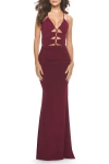 La Femme Unique Cut Out Net Jersey Prom Dress In Dark Berry