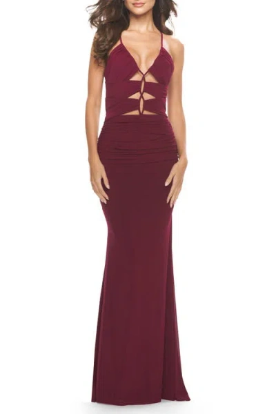 La Femme Unique Cut Out Net Jersey Prom Dress In Dark Berry