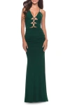 La Femme Unique Cut Out Net Jersey Prom Dress In Dark Emerald