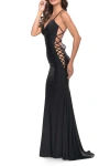 La Femme Unique Jersey Dress With Open Criss Cross Sides In Black