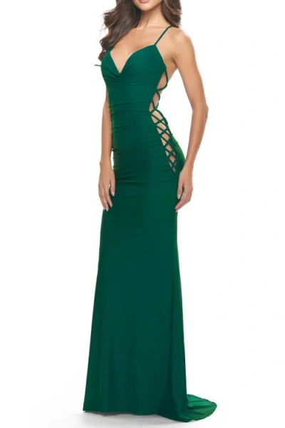 La Femme Unique Jersey Dress With Open Criss Cross Sides In Emerald