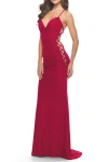 La Femme Unique Jersey Dress With Open Criss Cross Sides In Red