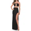 La Femme Unique Jersey Gown With Front Cut Outs And Criss Cross Straps