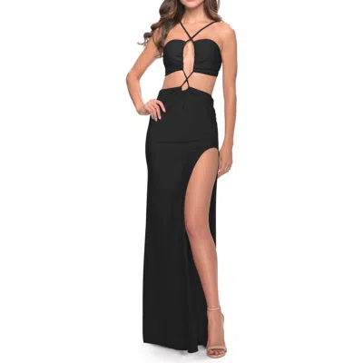 La Femme Unique Jersey Gown With Front Cut Outs And Criss Cross Straps