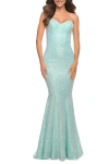 La Femme Unique Long Sequin Strapless Gown With Sweetheart Top In Aqua