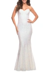 La Femme Unique Long Sequin Strapless Gown With Sweetheart Top In White