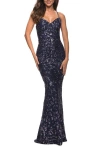 La Femme Unique Print Sequin Gown With Open Lace Up Back In Indigo