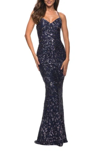 La Femme Unique Print Sequin Gown With Open Lace Up Back In Indigo