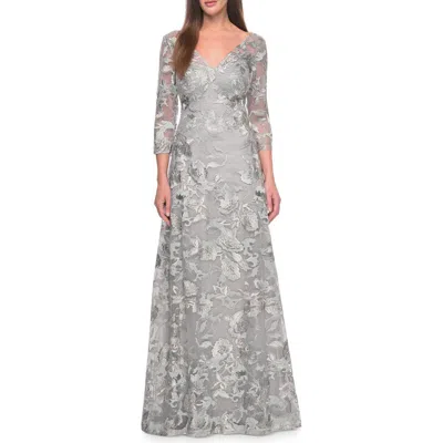 La Femme Unique Silver Lace Mother Of The Bride Gown With Sleeves In Silver/slate