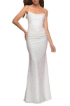 La Femme Unique Soft Sequin Dress With Lace Up Back In White