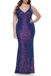 La Femme Unique Stretch Sequin Plus Gown With V-neckline