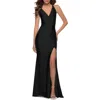 La Femme V Neck Jersey Fitted Prom Dress With Tie Up Back In Black