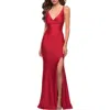 La Femme V Neck Jersey Fitted Prom Dress With Tie Up Back In Red