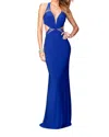La Femme V Neck Jersey Gown In Sapphire In Blue