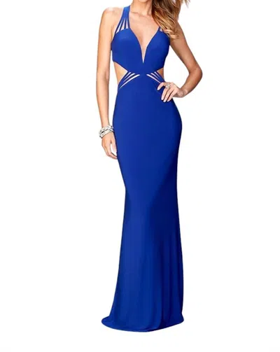 La Femme V Neck Jersey Gown In Sapphire In Blue