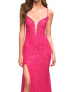 La Femme V-neck Lace Dress In Hot Pink In Pink