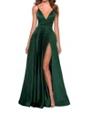 La Femme Long Satin Dress With Side Slit And V Shaped Back In Gold
