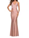 La Femme Jersey Dress With Rhinestone Beaded Top And V Neck In Pink