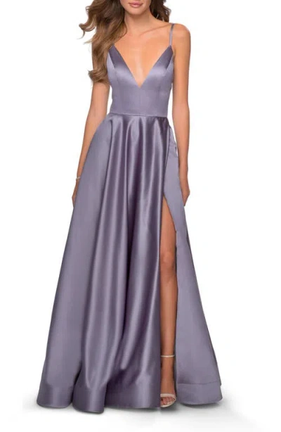 La Femme V-neck Satin Prom Dress With Lace Up Back In Blue
