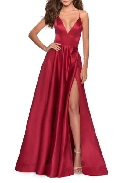 La Femme V-neck Satin Prom Dress With Lace Up Back In Burgundy