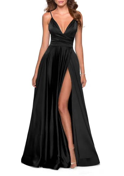 LA FEMME V SHAPED BACK SATIN BALL GOWN HIGH SLIT DRESS IN BLACK