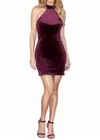 LA FEMME VELVET HIGH NECK COCKTAIL DRESS IN WINE