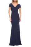 La Femme Ruched Jersey Column Gown In Navy