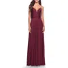 La Femme Versatile Long Jersey Gown With V And Slit In Dark Berry